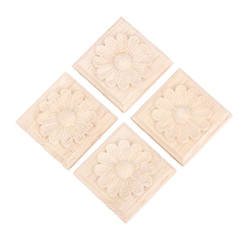 MUXSAM Wooden Carved Appliques Onlays, 4-Pack Unpainted Solid Wood Square Carvings Decals for Cabinet Dresser Cupboard Mirrors Walls Doors Closet Fireplace Wardrobe DIY Project, 6x6cm/2.36"x2.36"