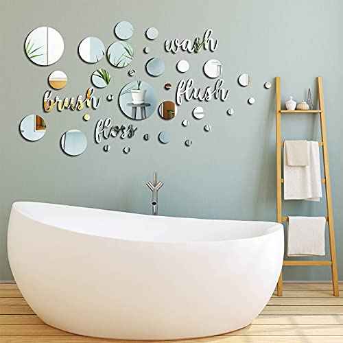 Nuanchu 30 Pcs Bathroom Wall Decals Brush Wash Flush Floss Stickers 3D Round Mirrors Wall Decal Self Adhesive DIY Acrylic Mirror Decor Beautiful Art Words Decor for Home Bedroom (Silver)