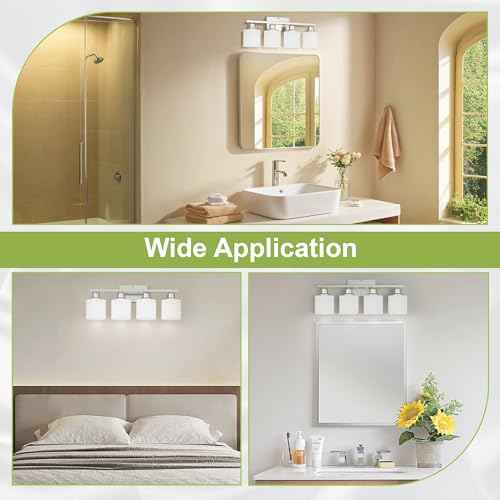 Bathroom Lights Over Mirror Brushed Nickel, Anti-Rust 4-Light Bathroom Vanity Light Fixtures, Modern 24Inches Wall Sconces E26 Base, Milky White Glass Shades, Bulbs Not Included