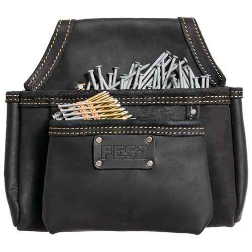FESA 2 Pocket Nail Pouch for Tool Belts - Leather Screw Pouch with 2 Extra Large Pockets for Fasteners - Heavy Duty Rivets & Stitching - Fits Tool Belts up to 3" - Handcrafted