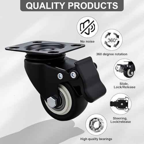 2 Inch Caster Wheels Set of 24 Heavy Duty Casters,with Brake,No Noise Locking Polyurethane (PU) Wheels, for Furniture and Workbench Load 800lbs