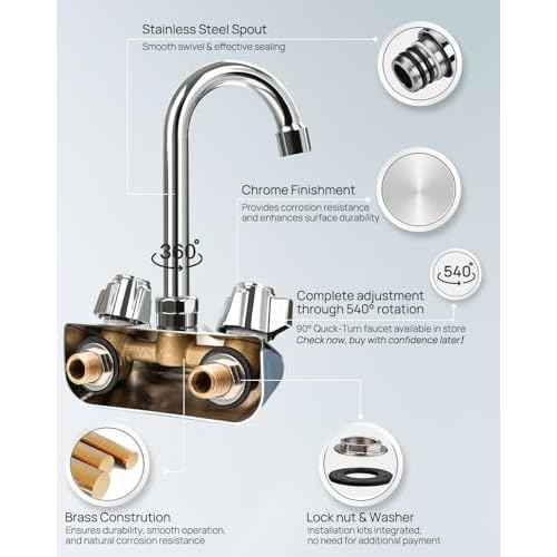 4" Center Hand Sink Faucet Kitchen Faucet Wall Mount Back Mount, Commercial Sink Faucet for Restaurant Triple 3 Compartment Sink, Gooseneck Knob Handle 2 Hole Industrial Laundry Bar, Brass