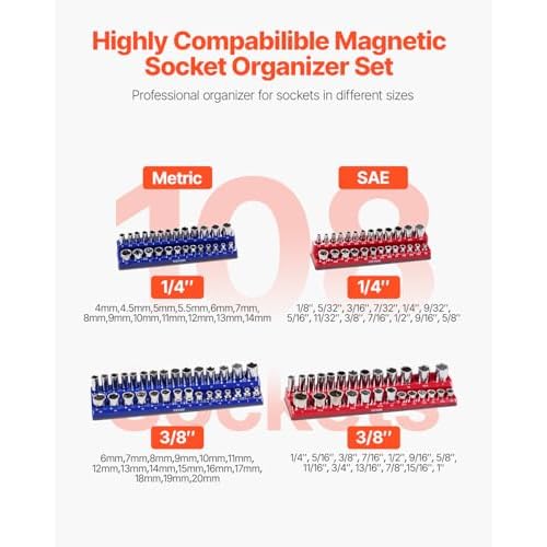 VEVOR 4PCS Magnetic Socket Holder, 1/4'' & 3/8'' Metric SAE Socket Trays with Clear Labels, Holds up to 108PCS Standard & Deep Sockets, Blue (Metric) & Red (SAE) Organizer Set