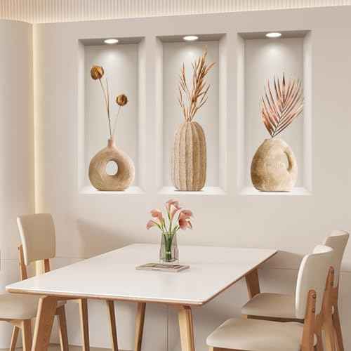 3D Dried Flower Vase Wall Stickers, 3Pcs Rustic Blossom PVC Wall Decals, Removable 3D Floral Wall Art for Living Room, Bedroom, Entryway, Sofa Backdrop, Yoga Studio, Office, Home Decor