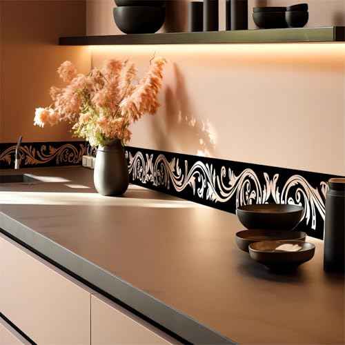 Black Floral Molding Wall Border Stickers, sacinora Skirting Wall Waist Line Decal Removable Vinyl Peel and Stick Bathroom Bedroom Kitchen Living Room Door Trimming Mirror Frame Frill Home Decorations