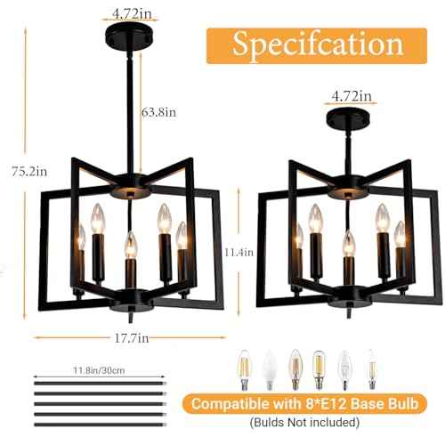 Black Chandelier,5-Light Dining Room Light Fixture Modern Farmhouse Geometric Metal Hanging Industrial Chandeliers for Entryway Kitchen Island Foyer Lighting Fixtures