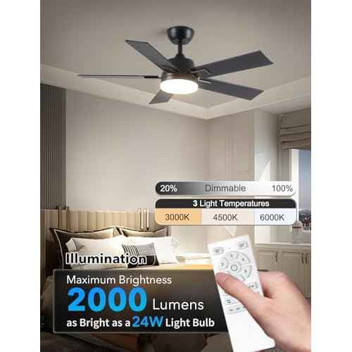 42 Inch Ceiling Fans with Lights and Remote, Black Ceiling Fan with 5 Blades, 6 Speed Reversible DC Motor, 3CCT Dimmable LED, Modern Design for Bedroom, Living room & Covered Outdoor,Includes Downrod