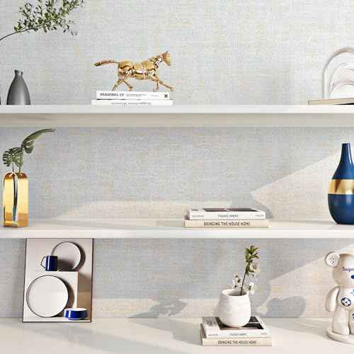 FunStick Gold Blue Grasscloth Peel and Stick Wallpaper Textured Self Adhesive Blue Fabric Contact Paper for Cabinets Walls Removable Grass Cloth Wallpaper Roll for Bedroom Bathroom Wall Decor 16"x80"