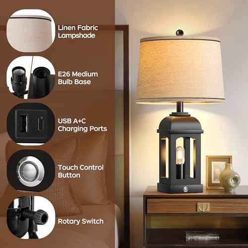 QiMH Table Lamp for Living Room, Farmhouse Lamps with USB A+C and Nightlight, 26" Rustic Bedside Lamps with 3-Way Dimmable Touch Control, Nightstand Lamp for Bedroom, Black, 1 Pack