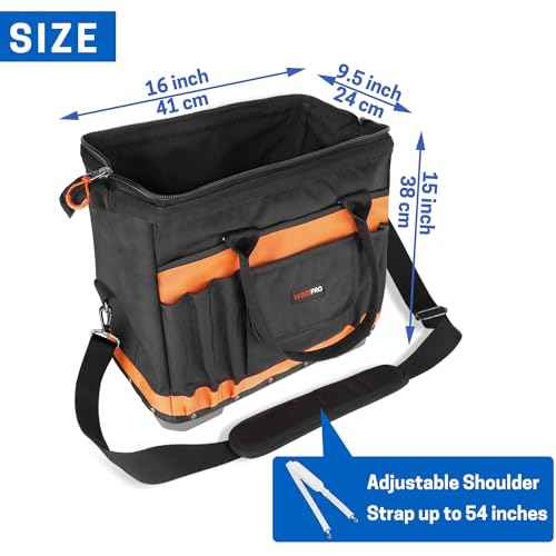 Wide Mouth Tool Bag, 16 Inch Heavy Duty Tool Bag with Multi-Pockets, Molded Waterproof Base for Plumbers, Electricians, Handymen