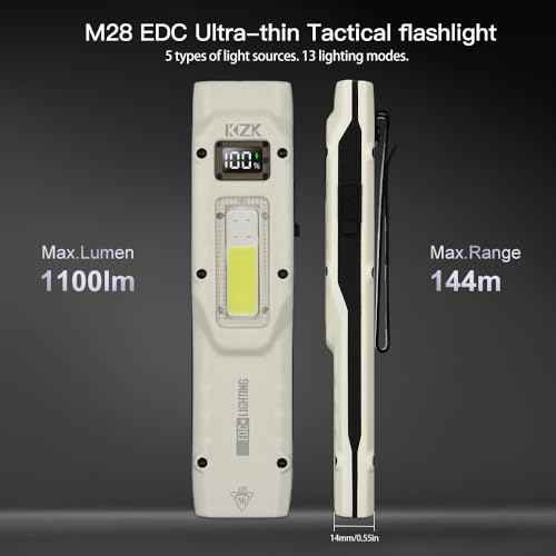 KZK EDC Tactical Flashlight, Flat Rechargeable Flash Light,Dual-Switches LED Pocket Flashlight with Digital Display,Stainless Steel 13 Modes Keychain UV Flashlight for Home,Camping,and Emergency