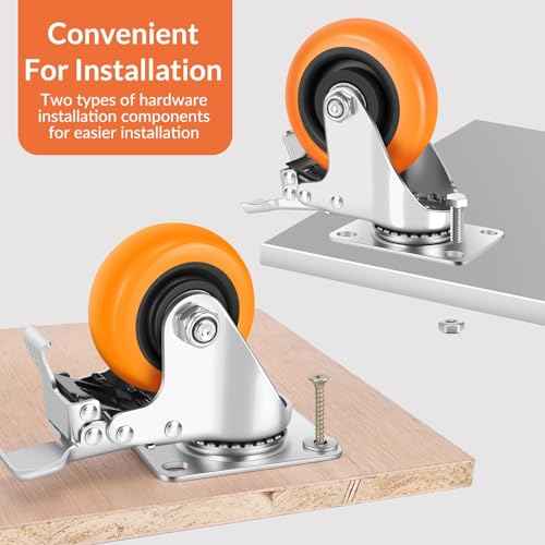 Caster Wheels, 4" Casters Set of 8 Heavy Duty - Update Dual Locking Casters with ON/OFF Tabs (Easier to Operate), Swivel Plate Caster, No Marks Castor Wheels for Carts Furniture and Workbench