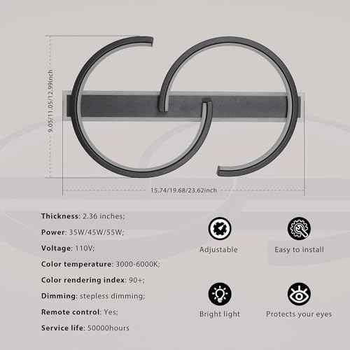 LED Ceiling Light 2 Rings Black Modern Flush Mount Ceiling Lamp with Remote 3000-6000K Living Room Light Fixture 23.62in for Bedroom Dining Room Office