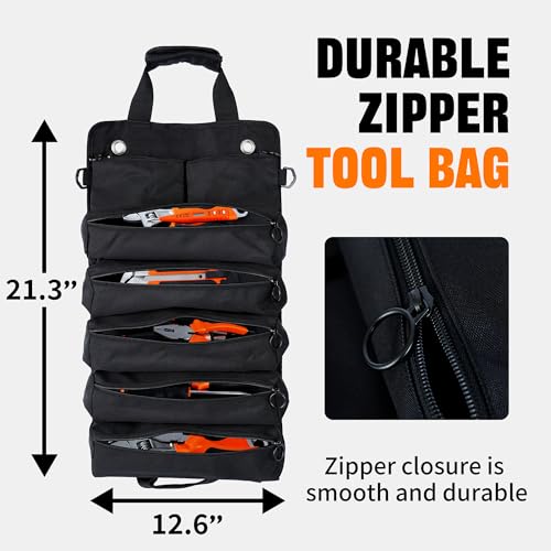 Portable Foldable Roll Up Tool Bag Organizer with 5 Compartments & 2 Detachable Pouches, Heavy Duty Waterproof Tool Pouch Bag for Secure Tool Storage, Tool Roll for Dad Men Electrician Mechanic Gifts