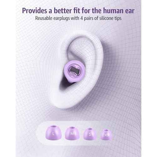 Ear Plugs for Sleeping 45DB Noise Cancelling: Ultra-Comfy Reusable Noise-Reducing Earplugs for Concerts & Travel & Snoring-Silicone Hearing Protection Earbuds with 8 Eartips- Purple