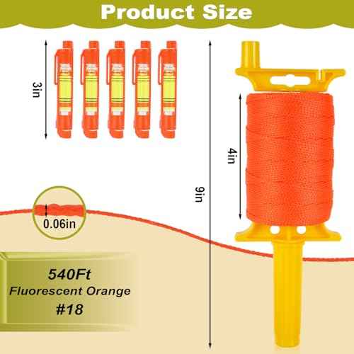 Mason String Line with Handle #18, 540 Feet Braided Nylon Twine, Fluorescent Orange Construction String Line Reel with 5 Built-in Levels for Outdoor Projects, DIY and Gardening