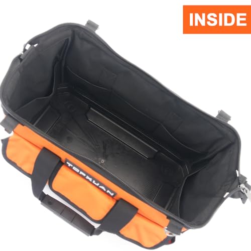 Tool Bag 16 Inch Molded Plastic Base Heavy Duty Waterproof Orange Tool Organizer Wide Mouth With Shoulder Strap for Power Tools and Hand Tools Oxford Cloth Fabric (16 Pockets)