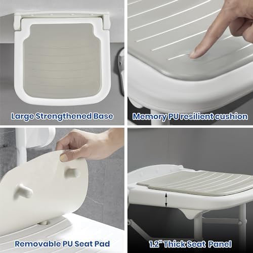 Wall Mounted Shower Seats w/PU Cushion (FSÄ/HSÄ Eligible) Support 550lbs, Adjustable Height Folding Shower Chair Wall Mounted for Elderly-Adults-Pregnants-Seniors-Disabled
