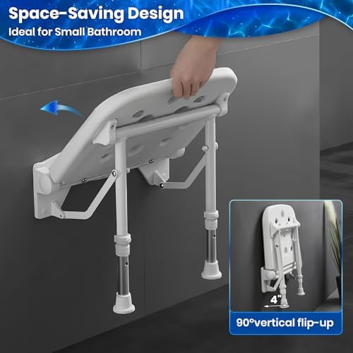 Wall Mounted Shower Seats w/PU Cushion (FSÄ/HSÄ Eligible) Support 550lbs, Adjustable Height Folding Shower Chair Wall Mounted for Elderly-Adults-Pregnants-Seniors-Disabled