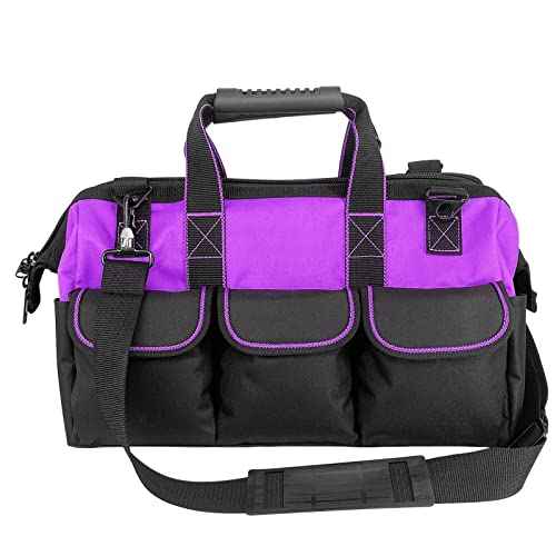 Garden Tools Bag 16 inch Wide Mouth Tool Bag with Molded Base Tool Tote for Women, Heavy Duty,600D polyester fabric (Purple color)