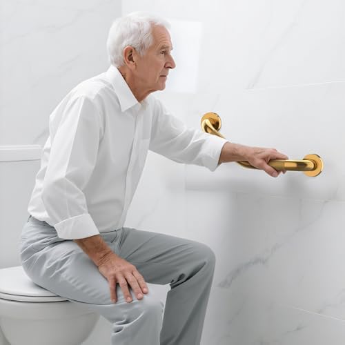 2 Pack 16 Inch Munzong Shower Grab Bars for Seniors, Gold Angled Anti Slip Grab Bars for Bathtubs and Showers Safety Hand Rail Support Handicap Elderly Injury Senior Assist Bath Handle
