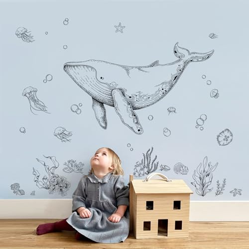 Ocean Whale Wall Decals, Ocean Animal Fish Seaweed Grass Jellyfish Wall Sticker Peel and Stick Under The Sea Art Decor for Boy Girls Kids Baby Nursery Bedroom Bathroom Hall