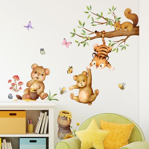 Supzone Woodland Bear Wall Stickers - Cute Animal Tree Branch Wall Decals, Tiger Bear Squirrel Swinging for Honey Wall Decor for Kids Baby Nursery Playroom Living Room Bedroom