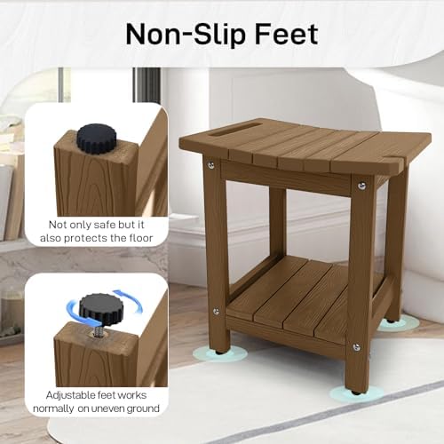 HDPS Shower Bench, Inside Shower Chair for Shaving Legs, Waterproof 2-Tier Bath Spa Shower Stool for Adults Sitting, Weather -Resistant No-Slip Indoor Outdoor Shower Seat, Teak