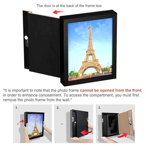 Hidden Safe with Lock, Wooden Picture Frame Diversion Safe, Large Hidden Money Safe with Customizable Foam, Hidden Compartment, Secret Decor Concealment Furniture, 11 x 14 inchs, Black