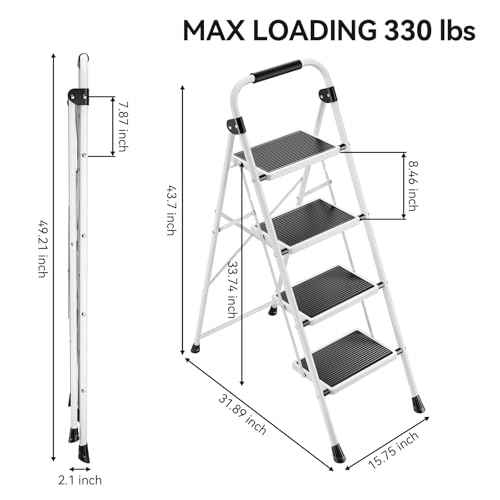 KINGRACK 4 Step Ladder, Folding Step Stool with Anti-Slip and Wide Pedal, Lightweight Stepladder with Handrails, Portable for Kitchen, Household, White