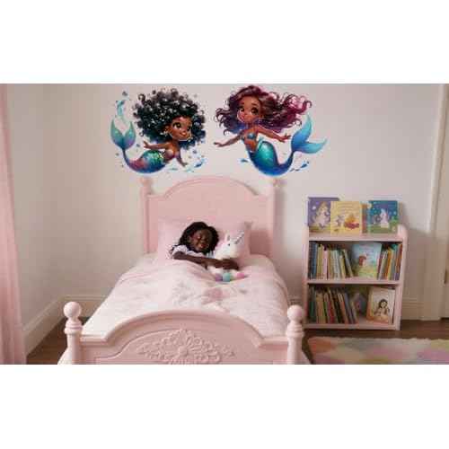Black Mermaid Wall Decals, African American Girl Bedroom Wall Stickers,Waterproof Vinyl Removable Wall Decor for Black Baby Girl Nursery Kids Teens Room Home