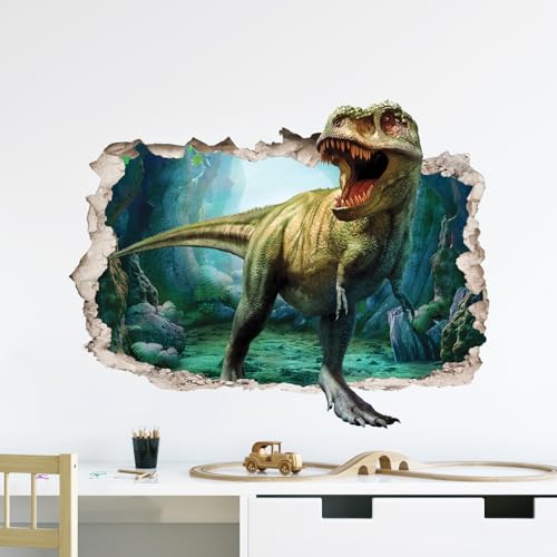 Supzone Large 3D Broken Dinosaur Wall Decals for Boys Room, Break Through The Wall Vinyl Wall Sticker for for Kids Bedroom Nursery Playroom Classroom