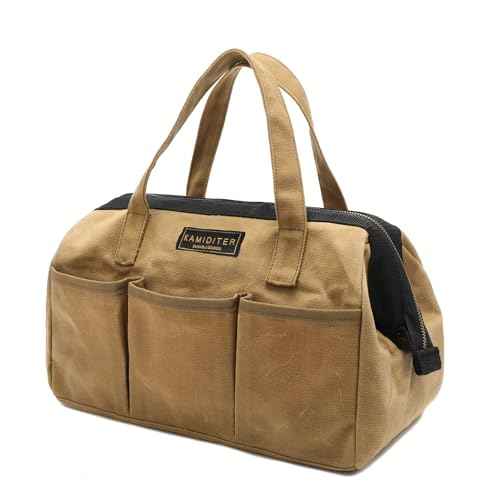 Tool Tote, 13-inch Heavy Duty Waxed Canvas Wide Mouth Tool Bag, Open Top tool Pouch with Handle for Tools, Wrenches, Screwdrivers (13 X 7 X 9 inch) | Khaki