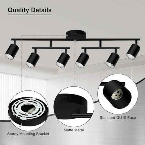 6 Light Track Lighting Fixtures Ceiling, Matte Black Kichen Track Lighting Fixtures with Rotatable Light Heads, Upgrade Light Poles, Modern LED Sopt Lights for Kitchen/Hallway, No GU10 Bulb