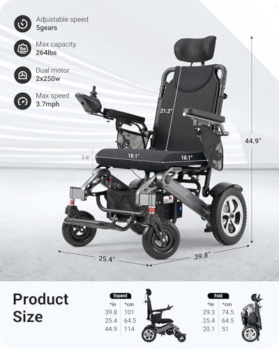 Reclining Electric Wheelchair for Adults, 90°-160° Adjustable Backrest, 16" Alloy Wheels, 5-Speed, Detachable Footrest, USB Charging & LED Light
