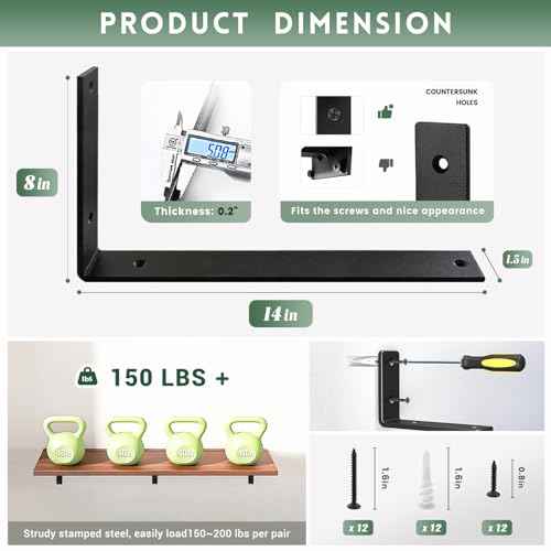 Shelf Brackets Heavy Duty 14 Inch Black L Brackets for Shelves 12 Pack 5mm Thick Wall Mounting Floating Metal Iron Shelf Support for Wood with Screw