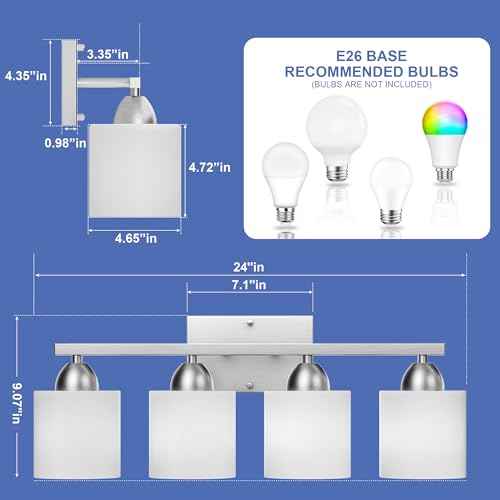 Bathroom Lighting Fixtures Over Mirror, Anti-Rust Vanity Light Fixture for Bathroom, Modern 4-Light Wall Sconce Light for Living Room, E26 Base, Milky White Glass Shades, Bulbs Not Included