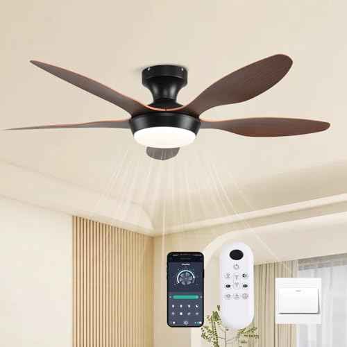 Ceiling Fans with Lights, 46 Inch Low Profile Ceiling Fan with Light and Remote Control, Flush Mount 6 Speeds Reversible Ceiling Fan, Dimmable Noiseless Ceiling Fans for Bedroom, Brown