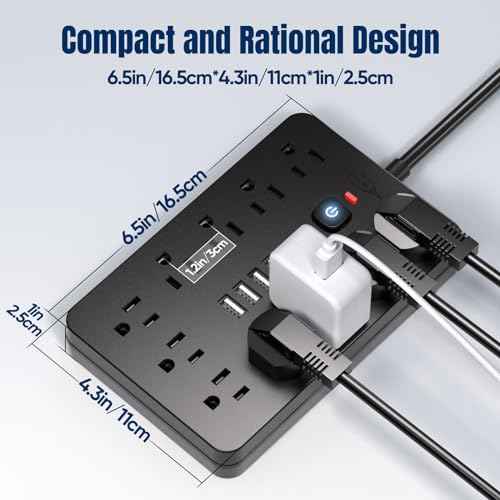 2PCS 5 FT Flat Plug Surge Protector Power Strip,11 Multiple AC Outlets with 6 USB Ports (2 USB C), 5 Feet Extension Cord, 1250W/10A, One Touch Switch Button, 17 in 1 Compact powerstrip