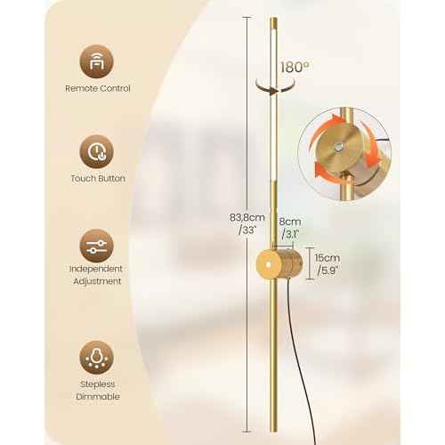 33" Wall Sconces Set of 2 with Remote Control, Dimming & 3 Color Temperatures, Plug-in Gold Wall Lights for Bedroom, Living Room, Adjustable Brightness & Rotatable Lamp Post, D09YBP205