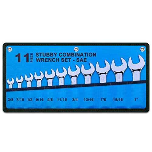 Premium Stubby Combination Wrench Set with Roll-up Pouch, 11-Piece, SAE, 3/8¡± to 1¡±, No Skipped Inch Size | Cr-V Steel, Mirror Polished Finish | Short Length and Slim Body, Perfect for Confined Areas