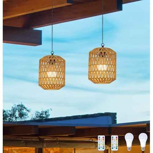HMVPL Battery Operated Chandelier, Rattan Battery Operated Pendant Light with Remote, Boho Outdoor Chandelier for Gazebo, Wireless Gazebo Light, Outdoor Hanging Lamp for Patio Pergola Indoor(2 Pack)