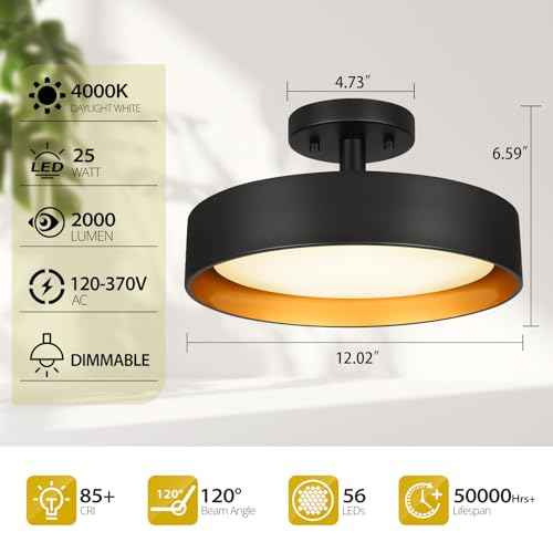 SunRider Industrial Semi Flush Mount LED Ceiling Light Fixture, 12 Inch 25W 2000LM, 4000K Neutral White, Dimmable Pendant Lamp for Hallway Bedroom
