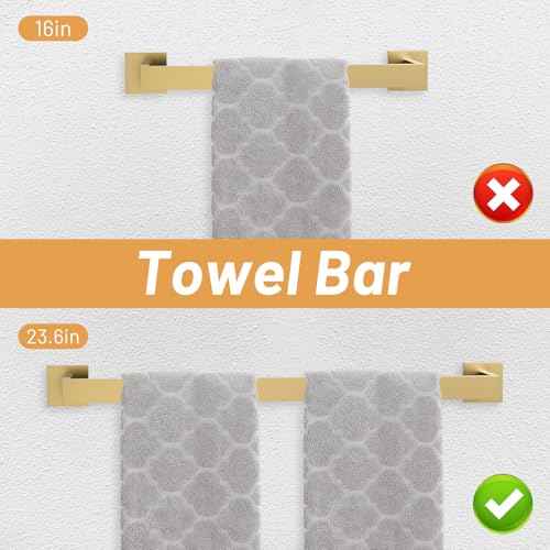 23.6Inch Brushed Gold Towel Bar Set, 10 Pieces Bathroom Accessories Set, SUS304 Stainless Steel Towel Racks Toilet Paper Holder Set for Bathroom Wall Mounted