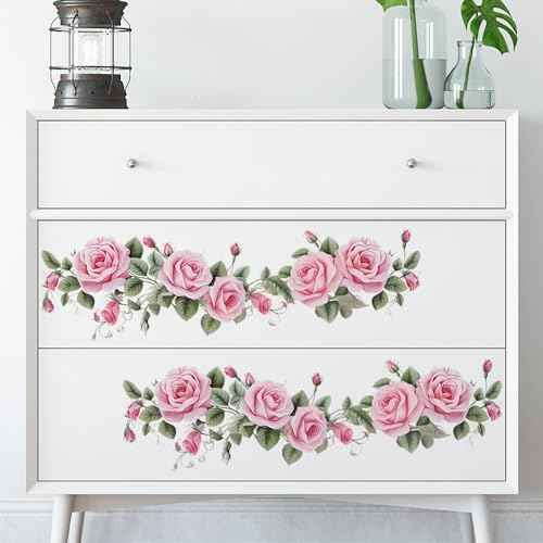 Pink Siren Rose Flower Vine Wall Stickers, sacinora Floral Art Botanical Wall Decals Removable Vinyl Peel and Stick for Furniture Door Living Room Bedroom Nursery Decorations