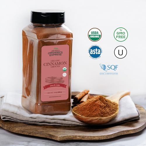 HQOExpress Organic Ground Cinnamon Powder - USDA Certified Organic - Gluten-Free - Keto Friendly - Non-GMO - Kosher - Sustainably Grown - 14oz Chef Jar