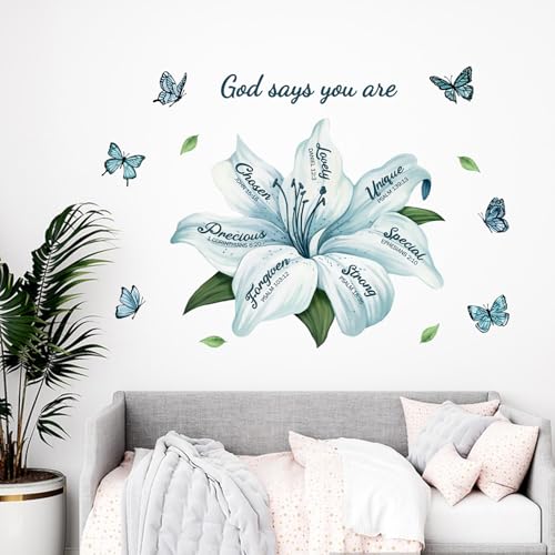 Yovkky Lily Flower Religious Inspirational Quote Wall Decals Stickers, Motivational God Says You are Teal Floral Butterfly Home Bedroom Decor, Positive Living Room Kitchen Decorations Art