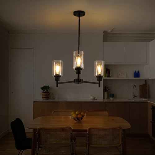 9MMML Farmhouse 3-Light Glass Chandelier, Modern Black Chandelier for Kitchen, Dining Room, Living Room, Foyer, E26 Bulb Base