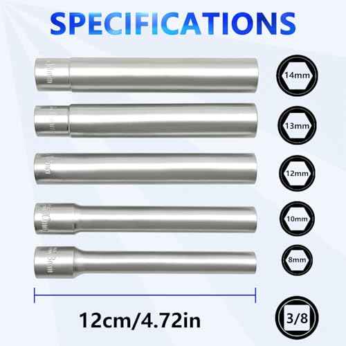 ZKTOOL 5PC Deep Metrichex Socket Set, 3/8-Inch Drive Deep Metric Socket Set 8-10-12-13-14MM - Extra Long Deep 120MM
