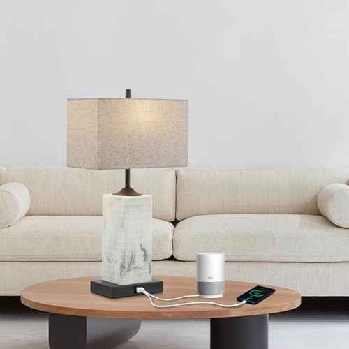 Table Lamps for Living Room Set of 2, Modern Bedside Lamps with Dual USB Ports for Bedroom Nightstand, Large End Table Lamps with Grey Fabric Shades Minimalist Decor Marble Finish